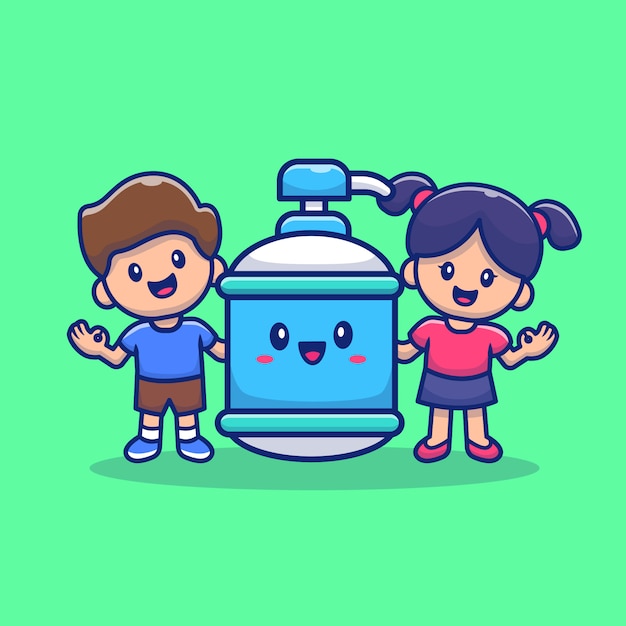 かわいい男の子と女の子の手消毒剤ボトル漫画アイコンイラスト 分離された人々健康アイコンコンセプト フラット漫画のスタイル プレミアムベクター