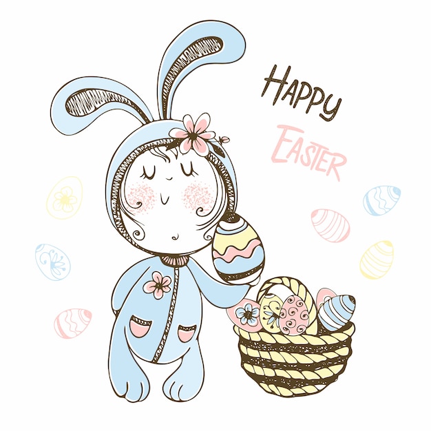 Download Cute boy in a bunny costume with a basket of easter eggs ...