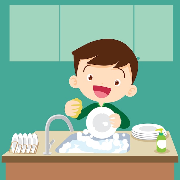 Premium Vector | Cute boy doing dishes teenage washing dishes