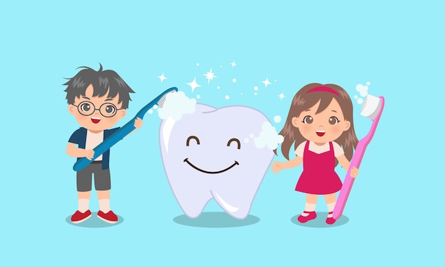Cute boy and girl brushing a huge tooth with smiley face Premium Vector
