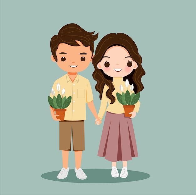 Premium Vector Cute Boy And Girl Couple With Plants Cartoon Character