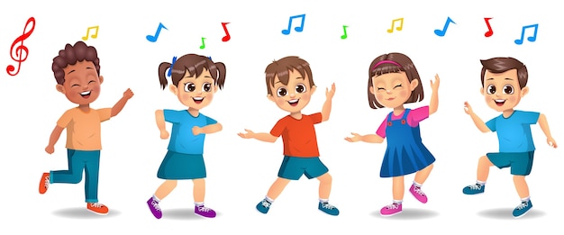 Premium Vector | Cute boy and girl kids dancing to music together