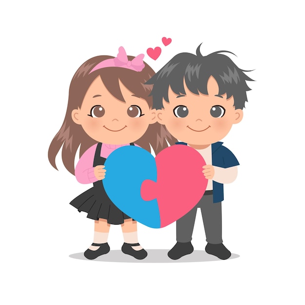 Premium Vector Cute Boy And Girl In Love Holding A Heart Shape Puzzle Match Couple Concept Flat Cartoon Style Valentine S Day