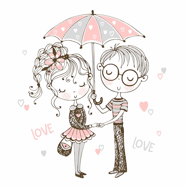 Cute boy and girl under umbrella. rendezvous.valentine. Premium Vector