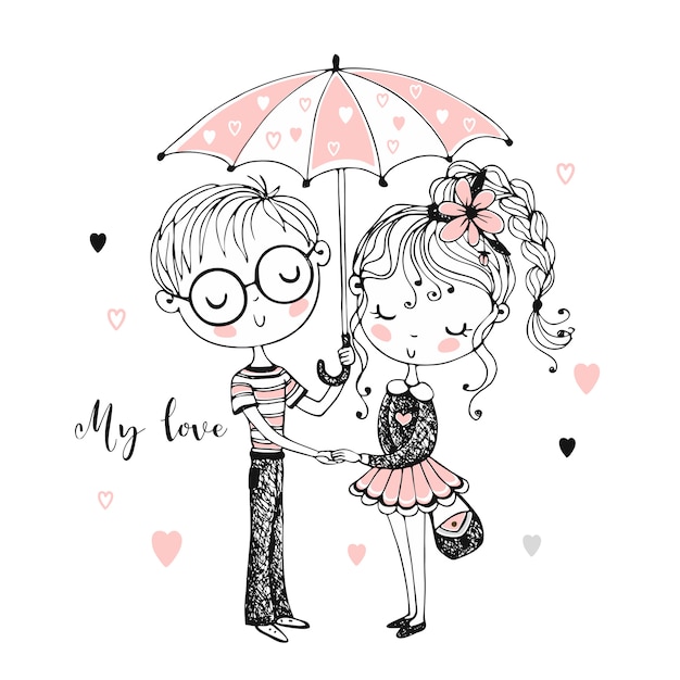 Premium Vector Cute Boy And Girl Under Umbrella Rendezvous