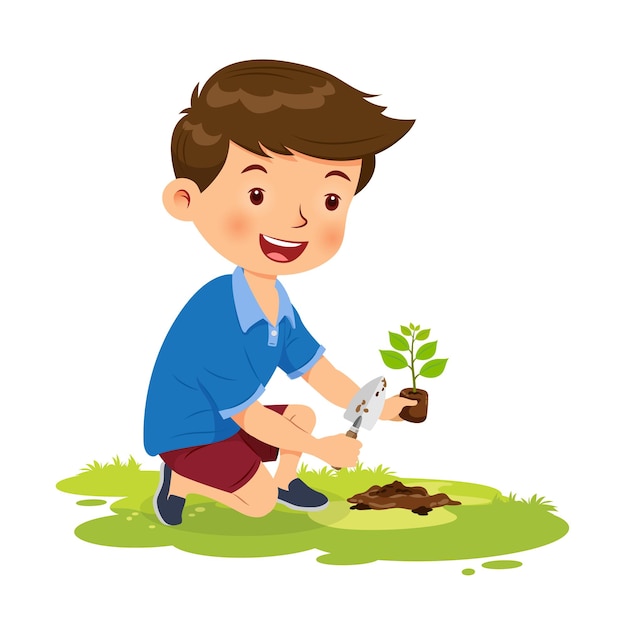 Premium Vector | Cute boy happy planting tree