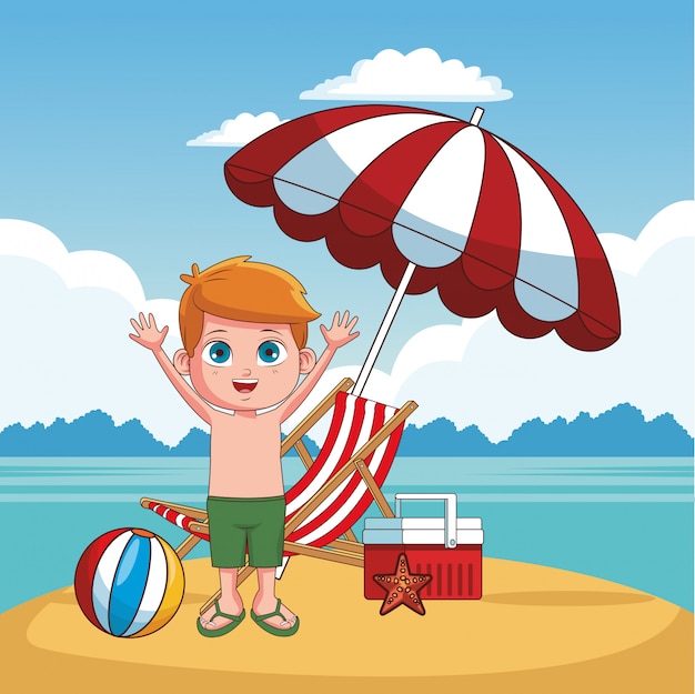 Cute boy having fun at beach cartoon vector illustration graphic design ...