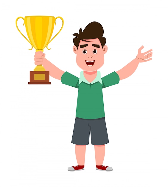 Premium Vector | Cute boy holding trophy