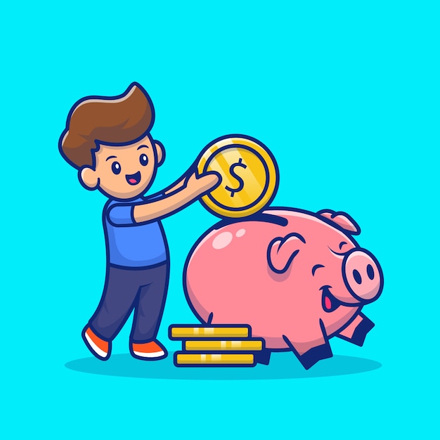 Cute boy insert coin into piggy bank cartoon icon illustration. saving