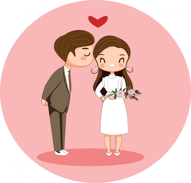 Cute boy kissing girl cartoon character for valentine concept Premium Vector