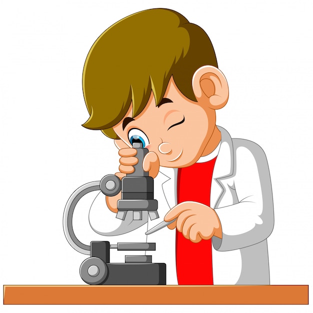 Cute boy looking through a microscope | Premium Vector