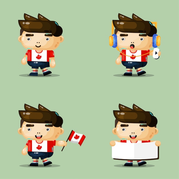 カナダの日のかわいい男の子のマスコットキャラクターセット プレミアムベクター