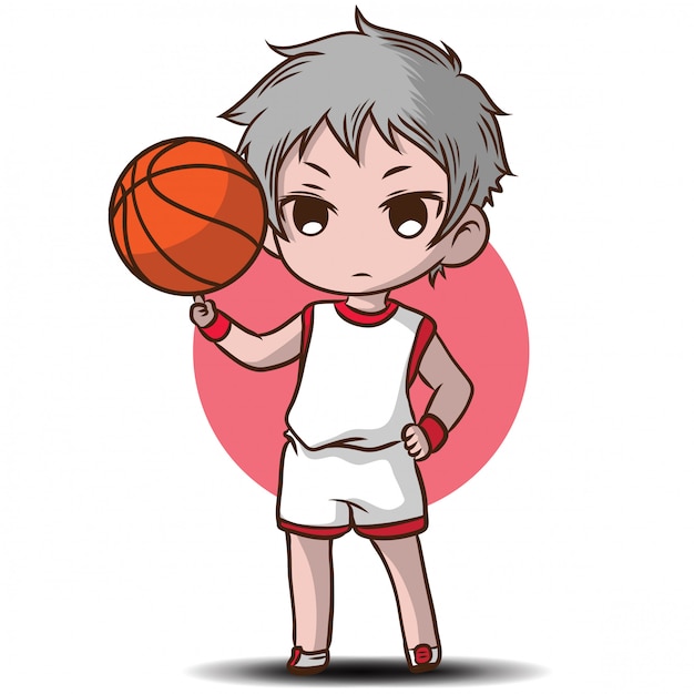 かわいい男の子は バスケットボールの漫画のキャラクターを再生します プレミアムベクター