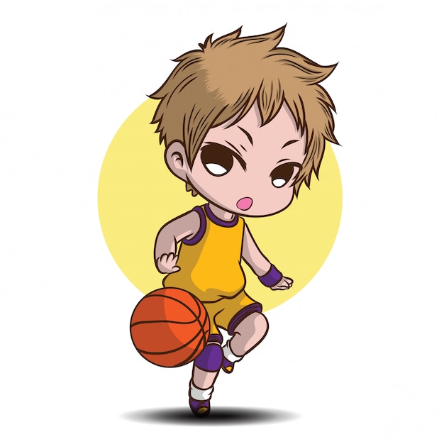 プレミアムベクター かわいい男の子は バスケットボールの漫画のキャラクターを再生します