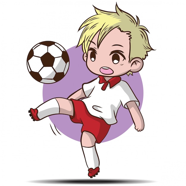 かわいい男の子はサッカーの漫画のキャラクターを再生します プレミアムベクター