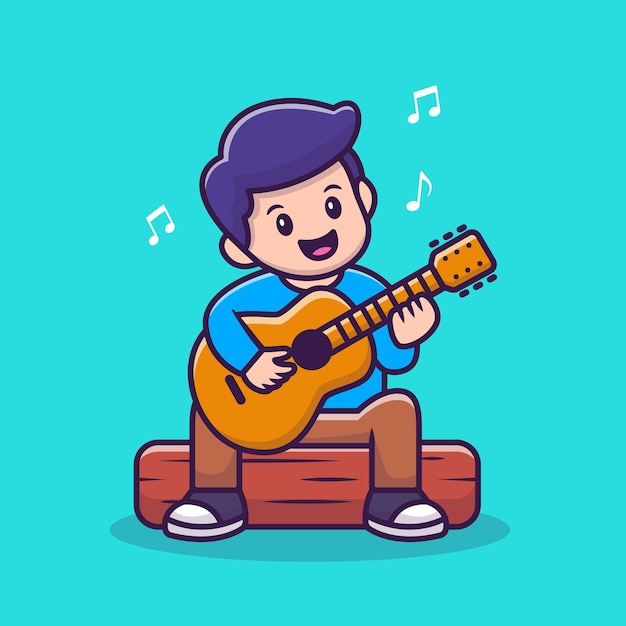 Download Premium Vector | Cute boy playing guitar cartoon vector illustration.