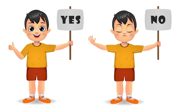 Premium Vector | Cute boy saying yes and no with sign