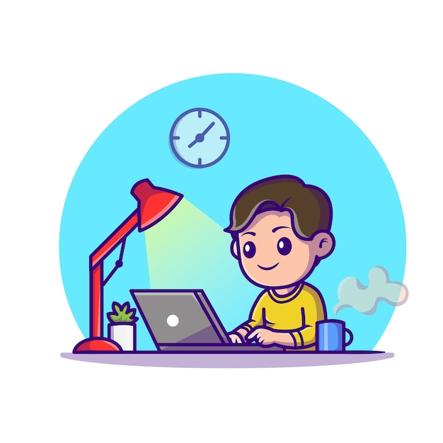 Free Vector Cute Boy Study With Laptop Cartoon Icon Illustration Education Technology Icon Concept Isolated Flat Cartoon Style