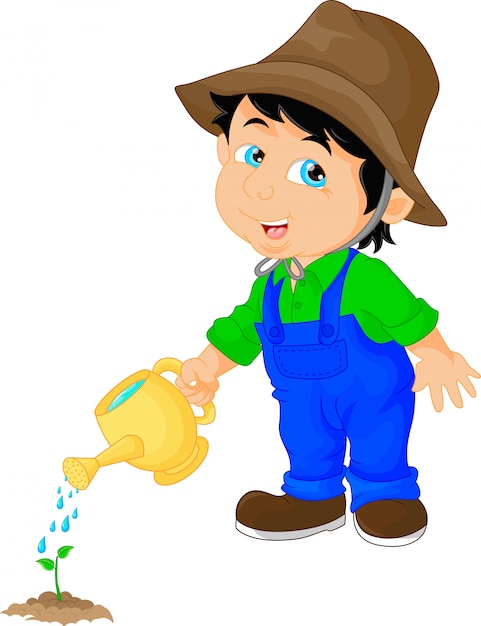 Cute boy watering a plant | Premium Vector