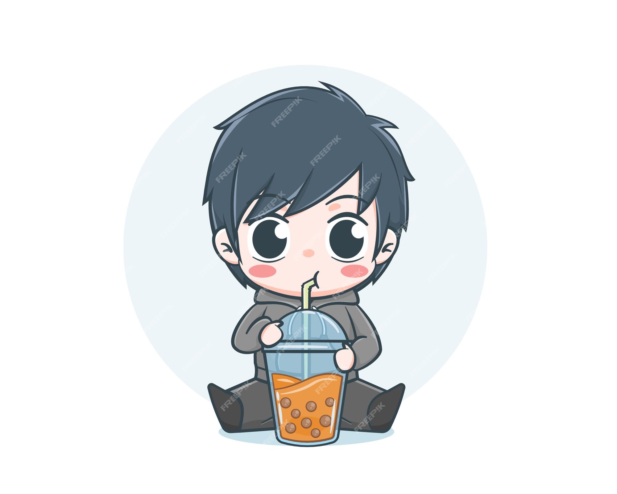 Premium Vector | Cute boy wearing hoodie with drinking bubble tea ...