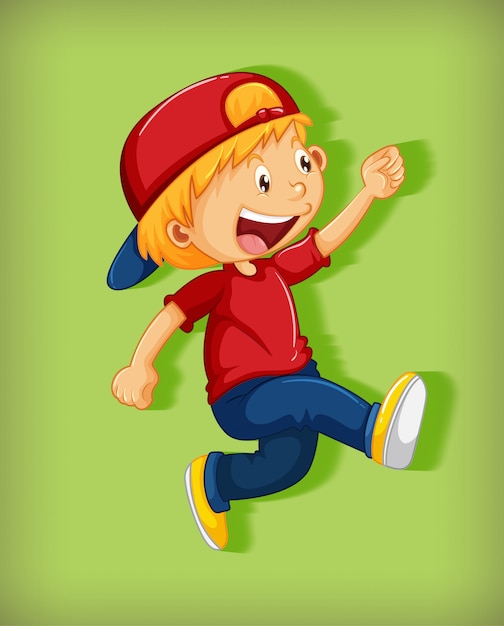 緑の背景に分離された歩行位置の漫画のキャラクターの首を絞めと赤い帽子をかぶっているかわいい男の子 無料のベクター