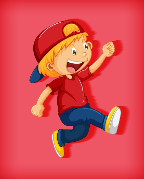 赤の背景に分離された歩行位置の漫画のキャラクターの首を絞めて赤い帽子をかぶっているかわいい男の子 無料のベクター