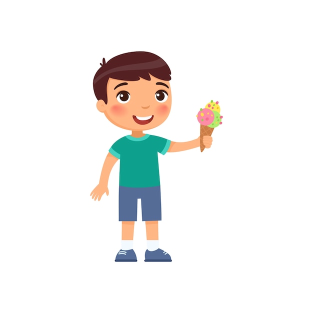 アイスクリームとかわいい男の子 甘い夏のデザートの漫画のキャラクターと幸せな子 ワッフルコーンでさわやかなジェラートを保持している小さな子供 無料のベクター