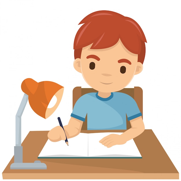 Download Premium Vector | Cute boy writing his homework at night