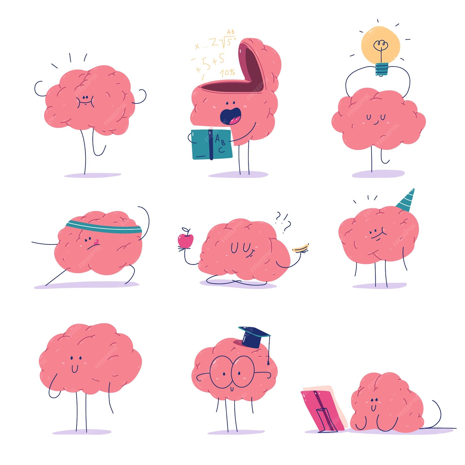 Premium Vector | Cute brain vector cartoon characters set isolated on a ...