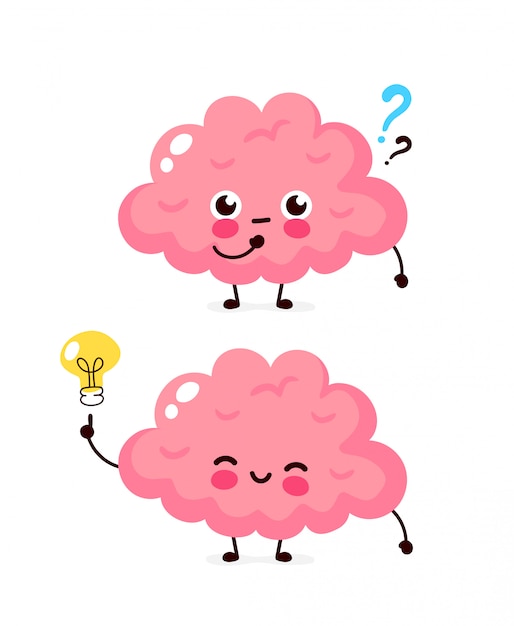 Premium Vector | Cute brain with question mark and lightbulb character.