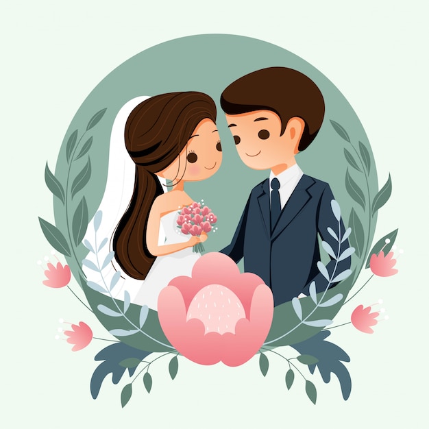 Premium Vector | Cute bride and groom with flower background for ...