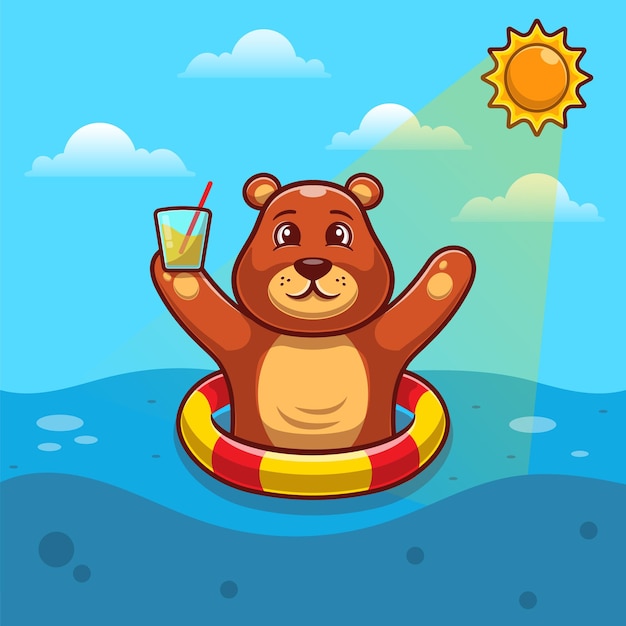 Premium Vector | Cute brown bear floating with swim ring flat.