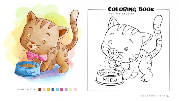 プレミアムベクター かわいい茶色の子猫は食べ物を食べて 水彩塗り絵の漫画イラスト