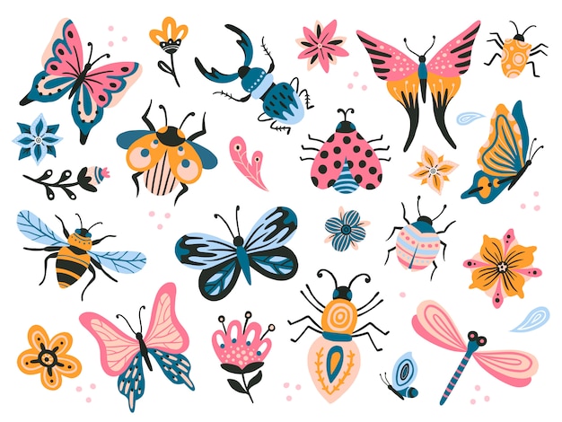 かわいいバグ 子供の描画の昆虫 空飛ぶ蝶 テントウムシの赤ちゃん 花蝶 飛ぶ昆虫 カブトムシフラットセット プレミアムベクター