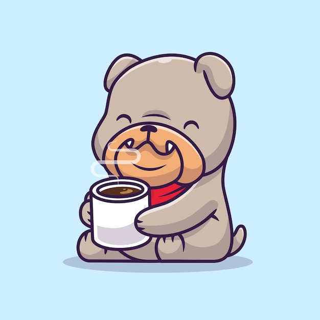 ホットコーヒーを飲むかわいいブルドッグ漫画ベクトルイラスト 動物性食品コンセプト分離ベクトル フラット漫画スタイル プレミアムベクター