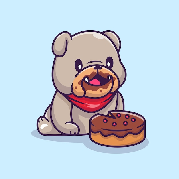 無料のベクター かわいいブルドッグ食べるケーキ漫画ベクトルイラスト 動物性食品コンセプト分離ベクトル フラット漫画スタイル