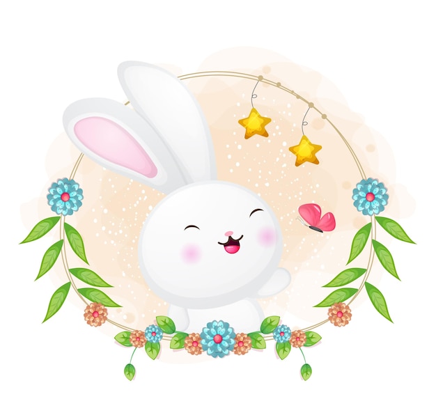 花の漫画イラストで遊ぶかわいいウサギと蝶 プレミアムベクター 花の漫画イラストで遊ぶかわいいウサギと蝶 プレミアムベクター
