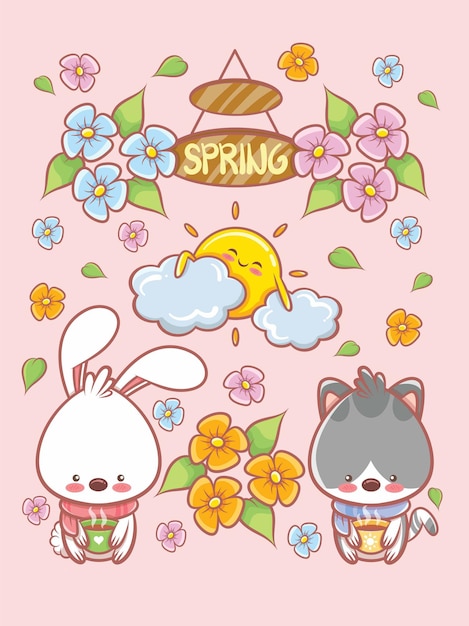 かわいいウサギと猫の春の要素の漫画のキャラクターとイラストカード こんにちは春 のコンセプト プレミアムベクター