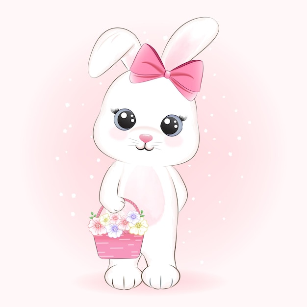 かわいいウサギと花のバスケット動物イラスト プレミアムベクター