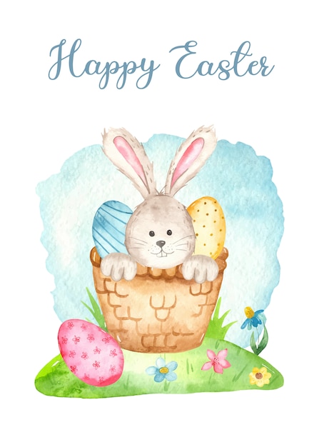 Download Cute bunny in a basket and eggs. watercolor easter card ...