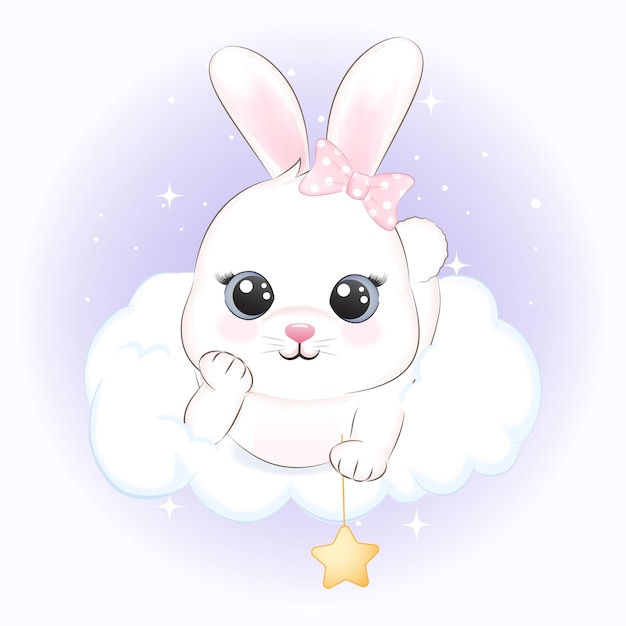 Premium Vector | Cute bunny on the cloud animal illustration