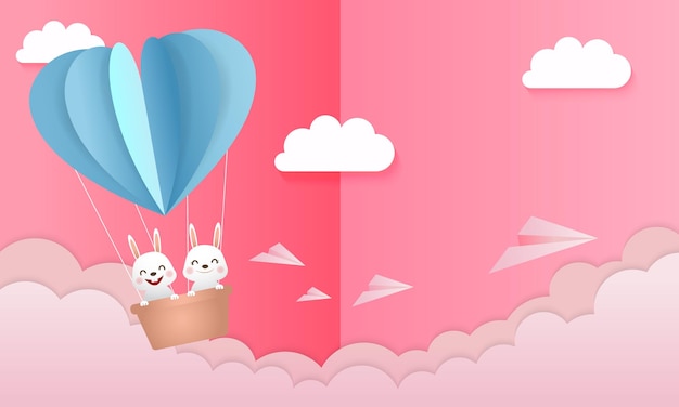 素敵な熱気球でかわいいバニーカップル 折り紙スタイルのコンセプトの背景 恋にウサギの漫画のキャラクター プレミアムベクター