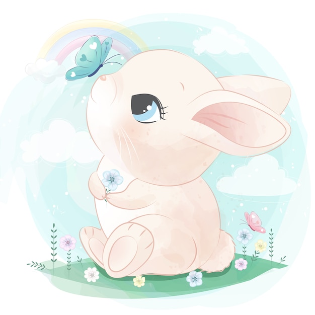 Cute bunny playing with butterfly | Premium Vector