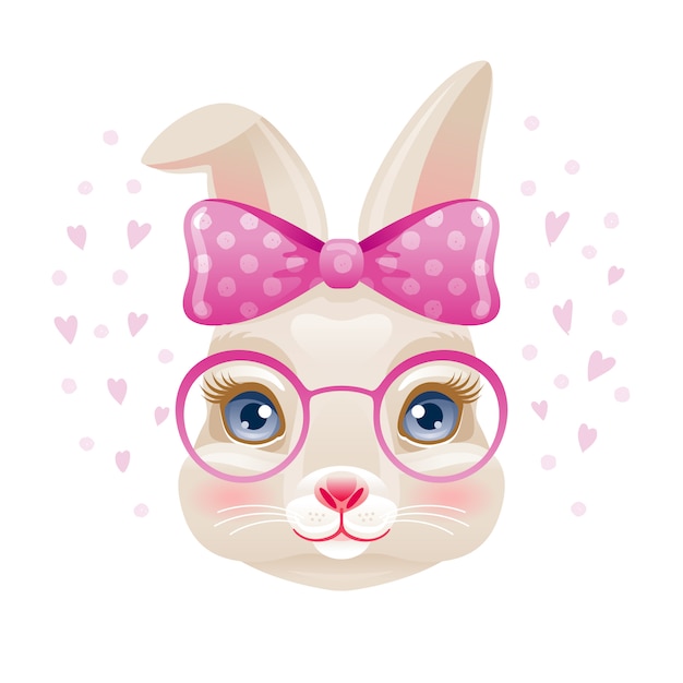 Cute bunny. rabbit girl face in pink glasses and bow ...