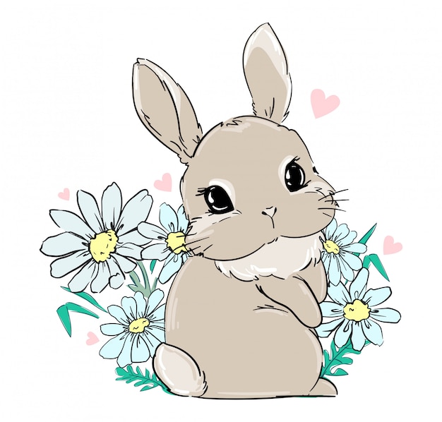 Premium Vector | Cute bunny sits in flowers, daisies. print for ...