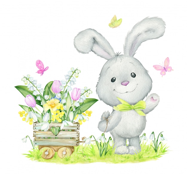 Download Cute bunny, watercolor, spring concept, flowers. | Premium ...