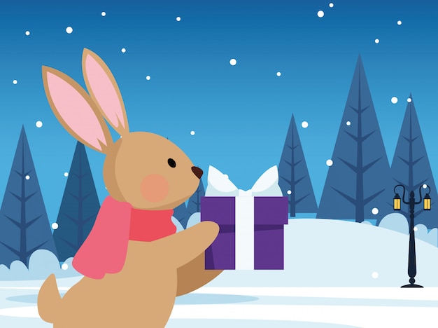 冬の夜 カラフルなメリークリスマス イラスト上のギフトボックスとかわいいウサギ プレミアムベクター