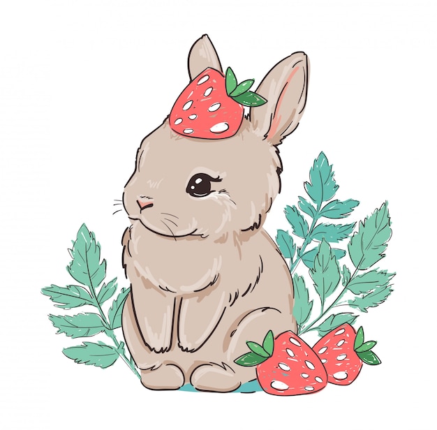 Premium Vector | Cute Bunny With Strawberry. Berry Sweet. Illustration.