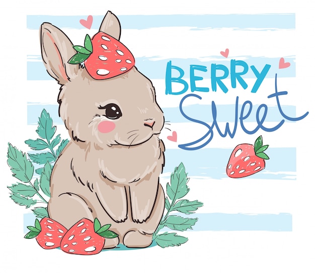 Premium Vector Cute bunny with strawberry on a striped background