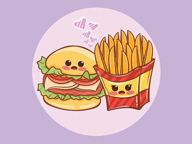 かわいいハンバーガーとフライドポテトのカップルのコンセプト 漫画のキャラクターとイラスト プレミアムベクター